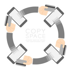 Four Smartphone with pop up hand holding credit card circle shape set Mobile online shopping concept illustration isolated on white background with copy space