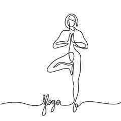 Continuous line drawing. Woman doing exercise in yoga pose. Vector Illustration