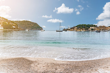 boats in bay of Port de Soller on the island of Majorca, Spain