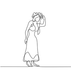 Continuous line drawing. Woman in long dress with flower wreath. Vector illustration.