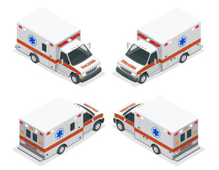 Transport isometric set Ambulance van isolated vector illustration. Emergency medical evacuation accident. Accident Ambulance Aid Service Clinic Emergency Department for Infographics, banner, web