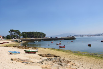 Arousa Island boats on the beach Praia A Sapeira, Pontevedra province, Galicia, Spain