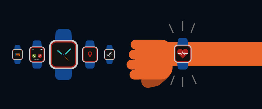 Smartwatch On Wrist. Vector Illustration Of Hand Wearing Smart Watch. Flat Minimal Design.