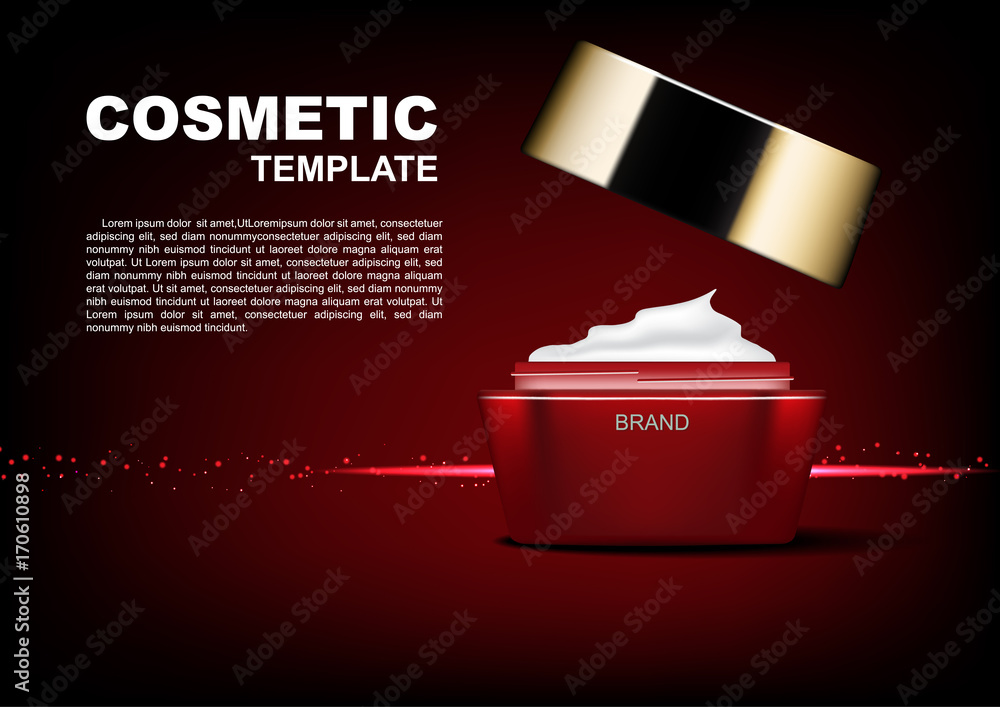 Wall mural Cosmetic ads template, red cosmetic cream and small bubble lights on dark background