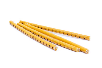 Salty cracker pretzel sticks isolated on white background