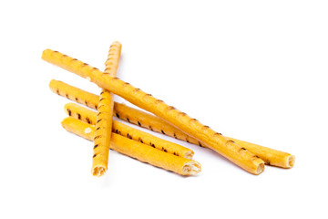 Salty cracker pretzel sticks isolated on white background