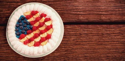 Overhead view of fruitcake in plate