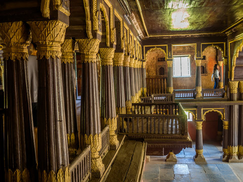 Indoor view of columns inside the very old hindu temple