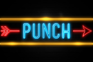 Punch  - fluorescent Neon Sign on brickwall Front view