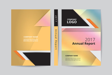Annual report 2017 book design front and back pastel cover template, rainbow gradient theme with company logo, yellow demo text box  layout A4 two side offset printing CMYK colorful background.