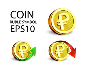 Set of gold realistic  rubles russian coin with pointer different angles around its axis for designers and illustrators.  Vector illustration coin
