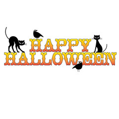 happy halloween typography with black cats and raven
