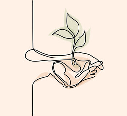 Continuous line drawing. Hands palms together with growth plant. Vector illustration in soft colors