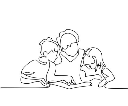 recommend clip art: Continuous line drawing. Grandmother reading book with her grandchildren. Vector illustration