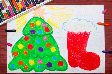 Colorful drawing: Christmas tree and red Christmas sock
