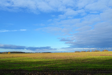 Autumn stubblefields under a sunny and stormy weatherfront
