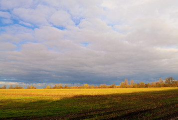 Autumn stubblefields under a sunny and stormy weatherfront