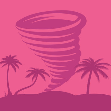 Caribbean tornado against the backdrop of palm trees on the beach, drawing executed in pink