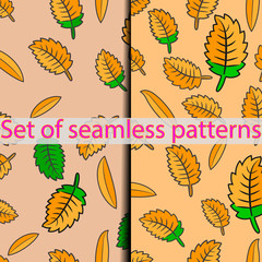 Fototapeta na wymiar Vector seamless pattern with various colorful autumn leaves on a brown/yellow background.