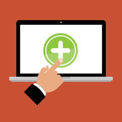 Obraz premium Businessman hand point to green plus sign on computer laptop screen on red background for feedback. Cartoon flat vector illustration business online network concept.