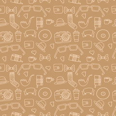 Seamless Hipster pattern in light brown color with retro and vintage symbols. Modern fashionable background with a white stroke. Cartoon hand draw style
