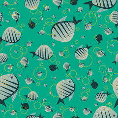 Seamless nature pattern with cute fish in green color. Funny marine life background with animal in chaotic manner. Cartoon hand draw style