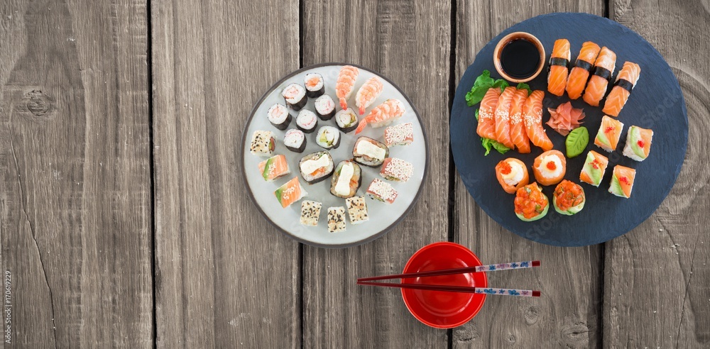 Poster composite image of high angle view of sushi with sauce