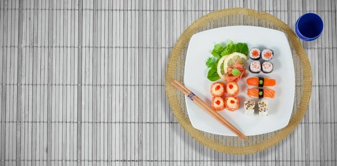 Composite image of high angle view of japanese food