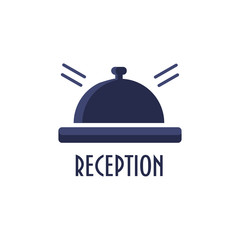 Reception bell icon. Hotel booking desk or retro service table bell vector sign. Text: Reception. Service ring icon.
