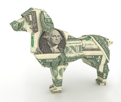 Dollar Dog. Money origami. Symbol of Chinese New year 2018 made from American One dollar bill. 3D illustration