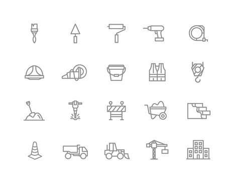 Set of vector construction and repair line icons. Brush, roller, drill, helmet, paint, cone, crane, hook, wall, truck, cament, jackhammer, excavator, workwear, fence, builder and more. Editable Stroke