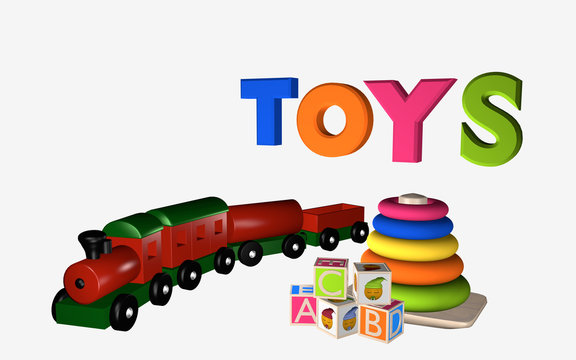 Schriftzug Toys mit Lernspielzeug für Kleinkinder, Buchstaben-Würfel und Holzeisenbahn.