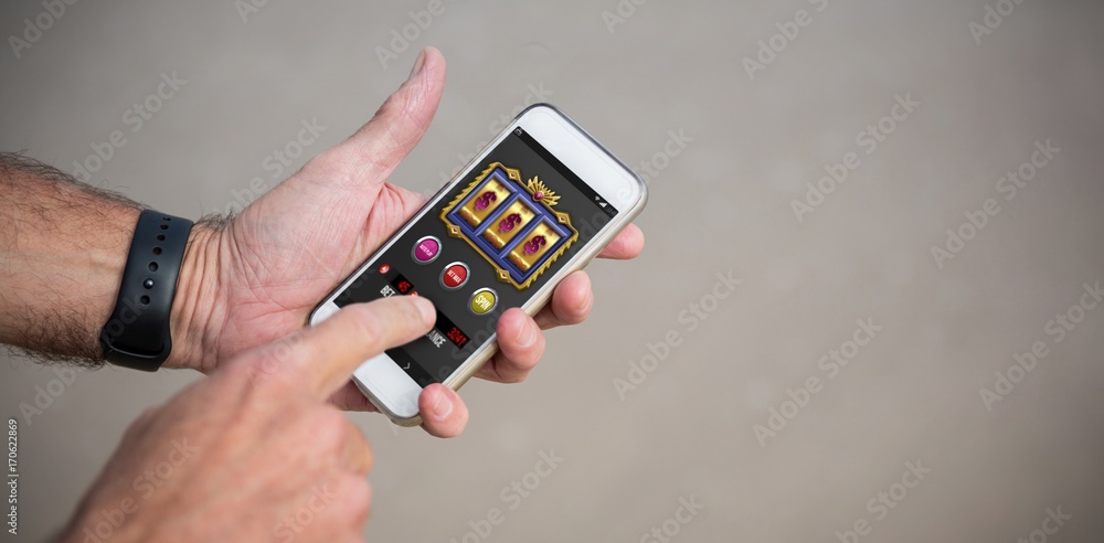 Poster composite image of slot machine app with dollar signs on mobile