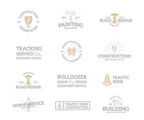 Obraz premium Set of retro vintage construction logo or insignia, emblems, labels and badges and other branding objects. Vector line style