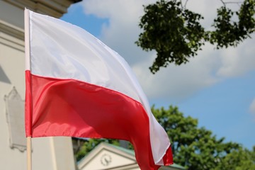Flaga Polski na tle nieba i zieleni © Wioletta