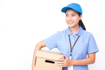 Young Asian Woman with Delivery service worker in uniform. Woman holding Box with attractive  smiling isolated on white background.