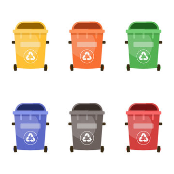 Colorful recycle bins set for the separation and utilize of garbage. Saving of the environment. Vector illustration