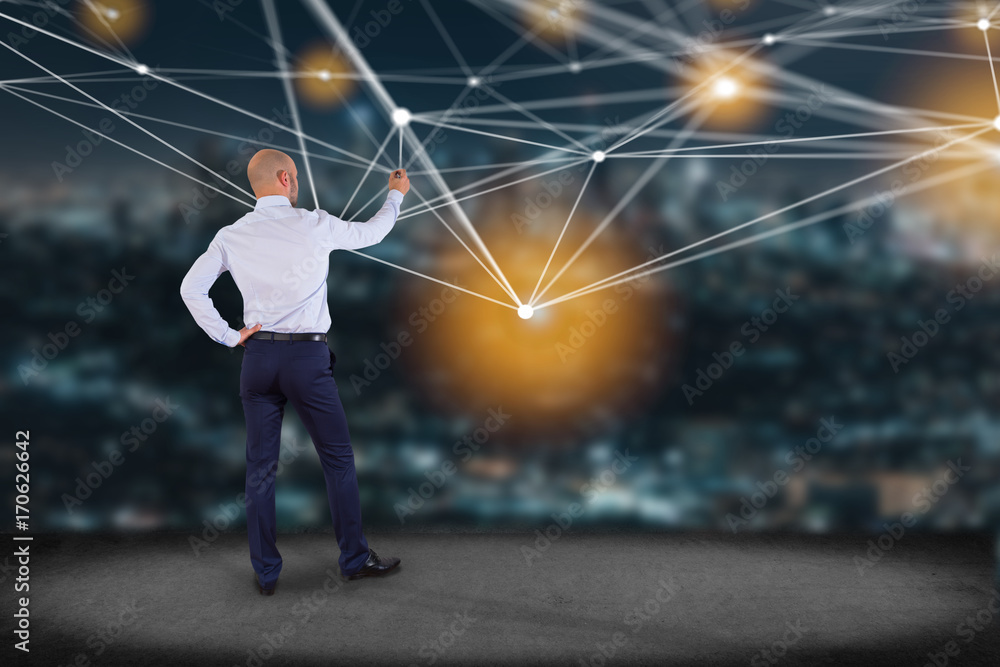 Poster businessman in front of a wall with web operating system screen and network connection displayed on 