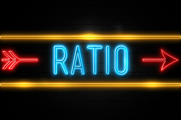 Obraz premium Ratio - fluorescent Neon Sign on brickwall Front view