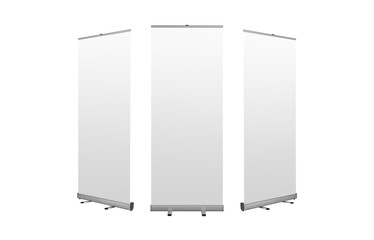 Roll up banners stand. Blank template mockup. Exhibition stand roll-up banners, isolated screens for you design.