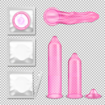 Textured condom with packing realistic vector illustration set on transparent background. Male contraceptive using instruction template for safety sex, pregnancy prevention, aids protection concept