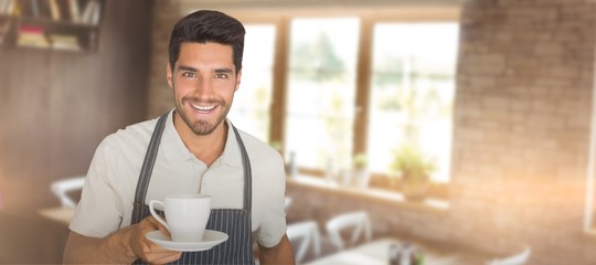 Composite image of waiter giving a cup of coffee
