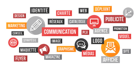 Communication, publicité et marketing - nuage de mots et icônes