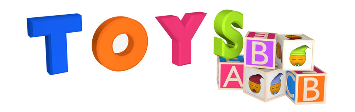 Header/Banner mit Toys als Schriftzug sowie ABC Würfel und Würfel mit Emoticon.