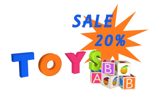 Toys als Schriftzug mit ABC Würfel und Würfel mit Emoticon und Sale 20%.