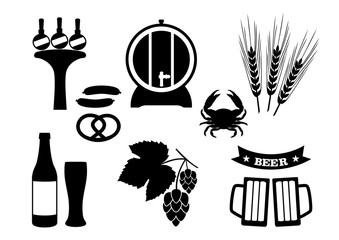 Beer set silhouettes. Barrel, wheat, malt, crab, mug, sausages, pretzel, hop, bottle, glass, label.  Black silhouettes isolated on white background. Oktoberfest. Vector illustration.
