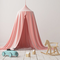 Mock up poster in the children's bedroom with a canopy. Scandinavian style. 3d © shuruev