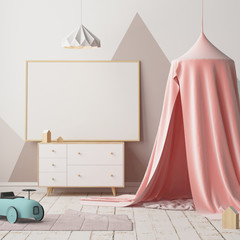 Mock up poster in the children's bedroom with a canopy. Scandinavian style. 3d © shuruev