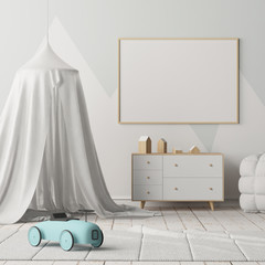Mock up poster in the children's bedroom with a canopy. Scandinavian style. 3d © shuruev