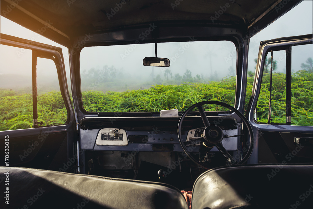 Poster view on the dashboard of the car. green forest is in front of the car.
